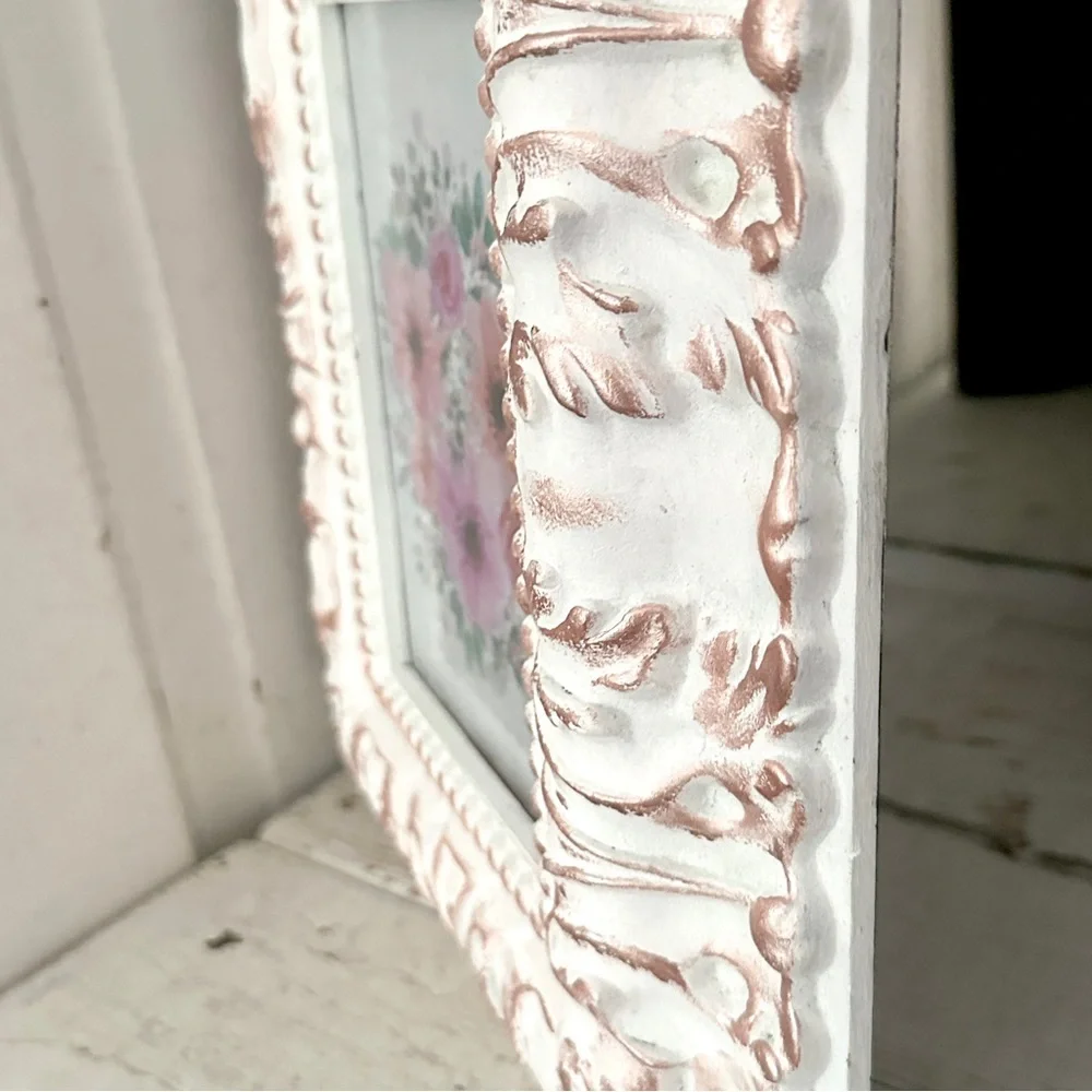 Colorful Floral Picture Vintage Style Ornate Thick White Rose Gold Framed Art